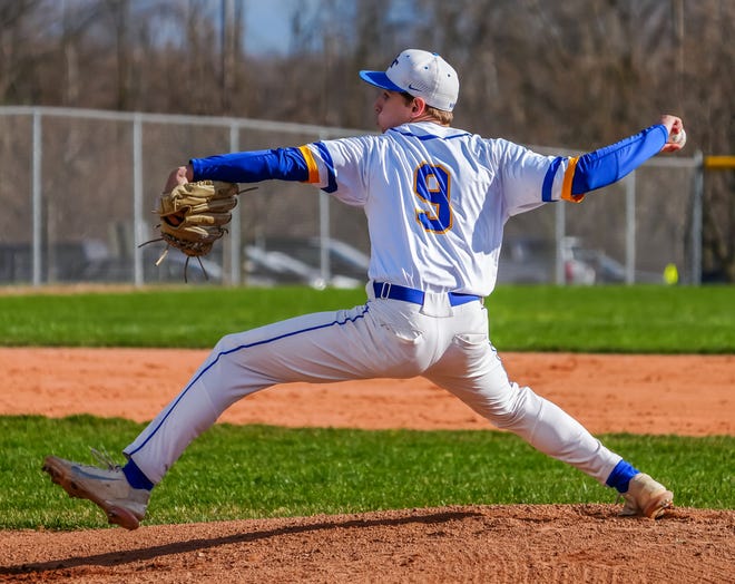 Germantown pitcher Nick Heisl (9) winds up during the game at home against Menomonee Falls on, Friday, April 12, 2024.
